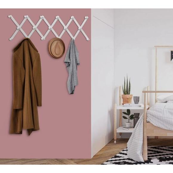 White Wood Accordion Farmhouse Style 17 Peg Expanding Cap Hat Wall Rack Cottage - Picture 8 of 9